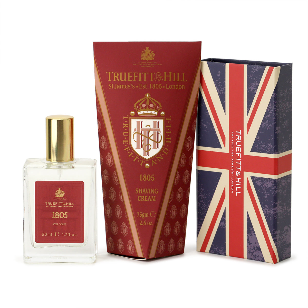 the bottle of 1805 Cologne with gold cap, Truefitt &amp; Hill Shaving cream and Keyring inside its own gift box