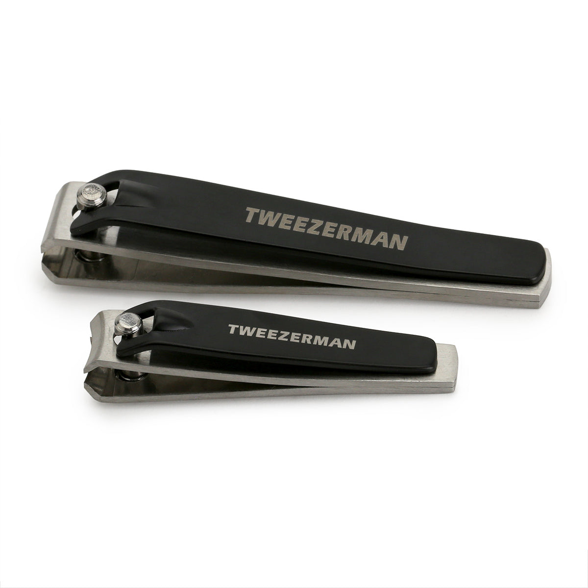 Tweezerman fingernail and toenail clippers are stainless steel with black levers. Pictured here in the closed position