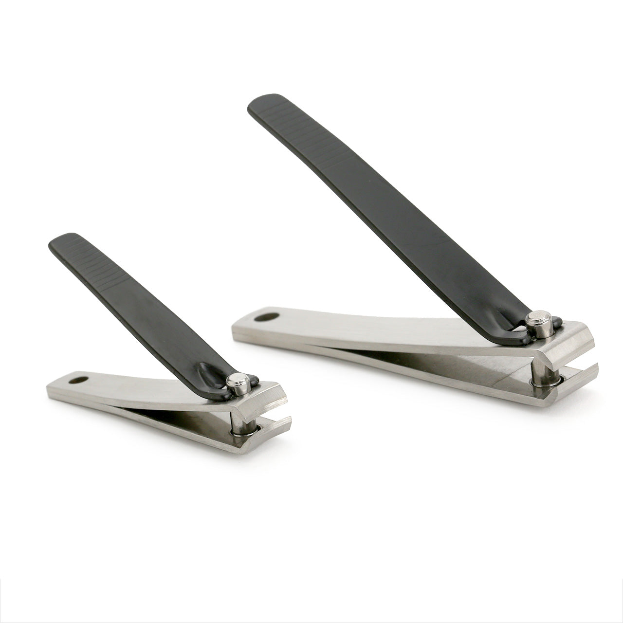 Tweezerman fingernail and toenail clippers are stainless steel with black levers. Pictured here in the closed position