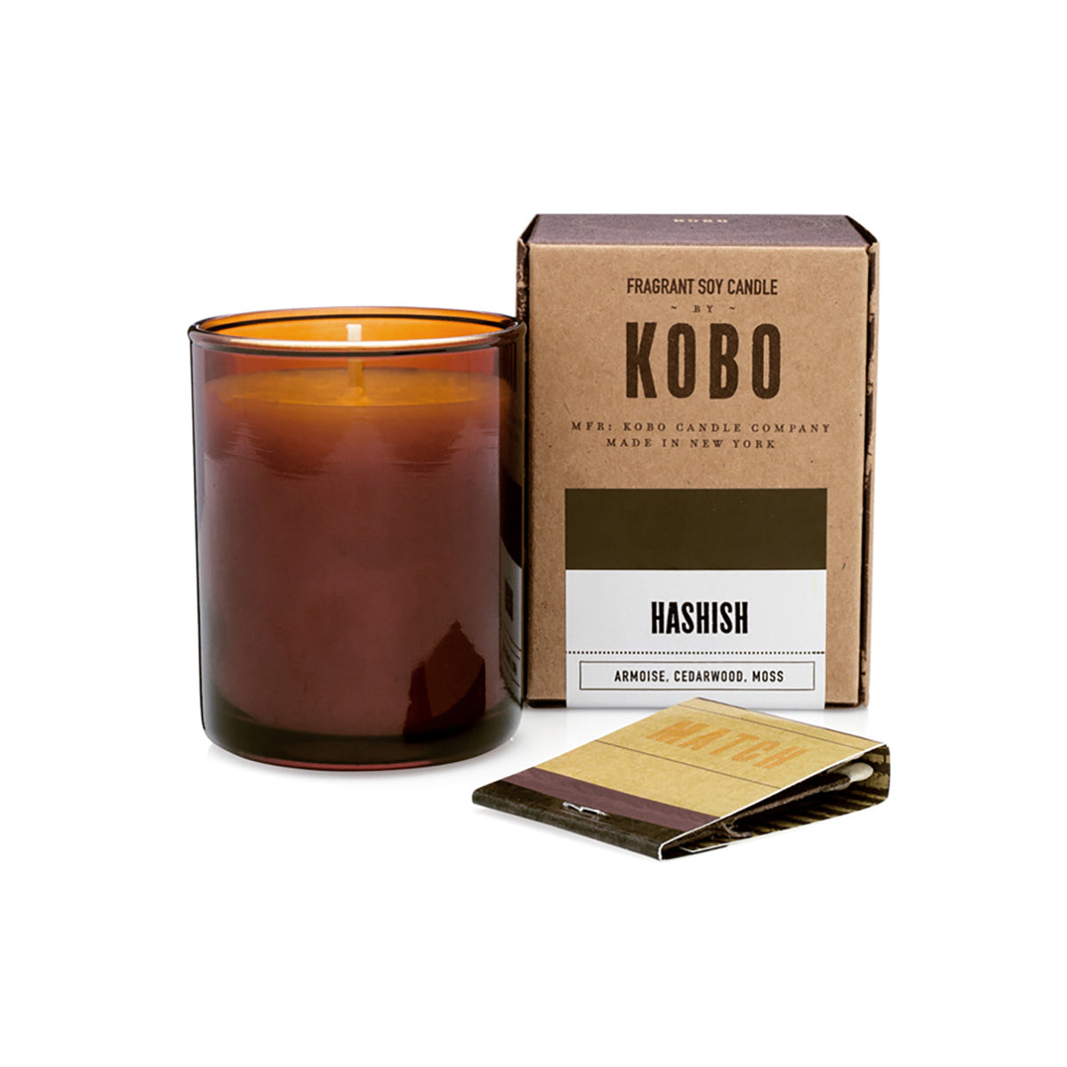 Kobo Pure Soy votive candle in an amber glass jar with ceramic matches and kraft box. h*shish scented 